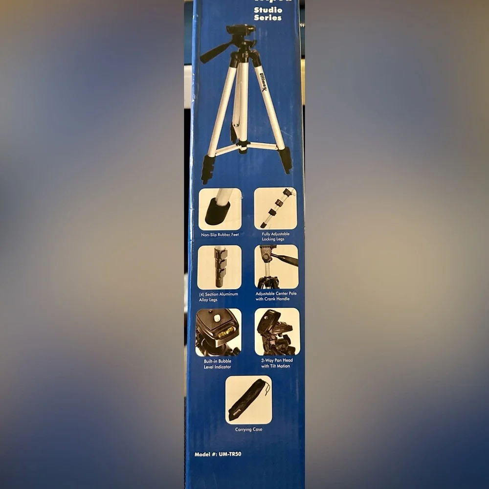 lite weight tripod storage size 15” open to 50”. Brand new never been used.